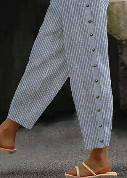 Vintage Blue Striped Pockets High Waist Cotton Crop Pants Summer QA028 OM-BB241009