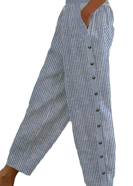 Vintage Blue Striped Pockets High Waist Cotton Crop Pants Summer QA028 OM-BB241009