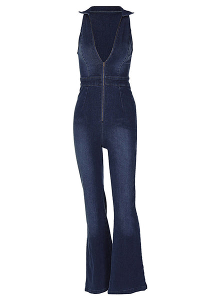 Blue Up Waist Jumpsuit Sleeveless Vintage Zip Denim High FashionChic