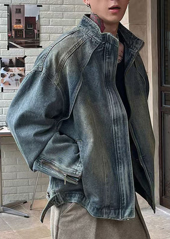 Denim Men Coat TC048 Zip Blue Vintage Spring Pockets Up