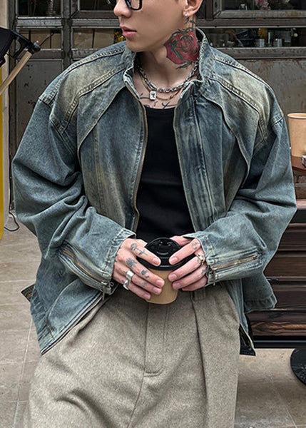 Denim Men Coat TC048 Zip Blue Vintage Spring Pockets Up