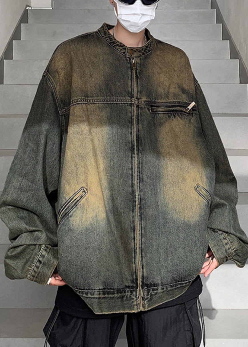 Pockets Zippered Vintage Coat Fall Men Denim Blue FashionChic