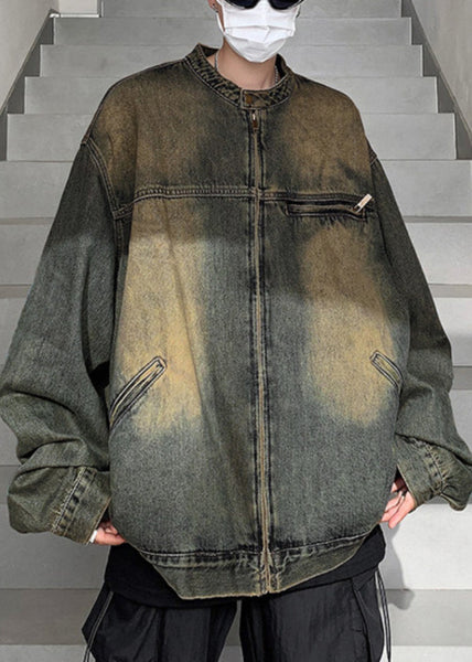 Pockets Zippered Vintage Coat Fall Men Denim Blue FashionChic