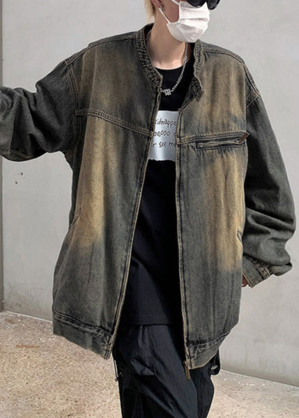 Pockets Zippered Vintage Coat Fall Men Denim Blue FashionChic