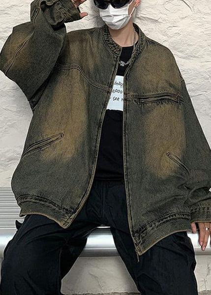 Pockets Zippered Vintage Coat Fall Men Denim Blue FashionChic