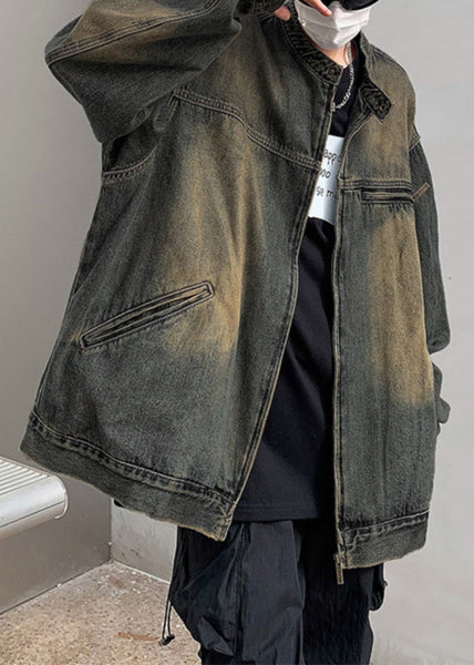 Pockets Zippered Vintage Coat Fall Men Denim Blue FashionChic