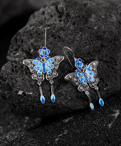 Vintage Boutique Blue Sterling Silver Butterfly Plum Blossom Tassel Drop Earrings QJ026 JEW-EAR241021