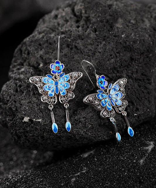 Vintage Boutique Blue Sterling Silver Butterfly Plum Blossom Tassel Drop Earrings QJ026 JEW-EAR241021