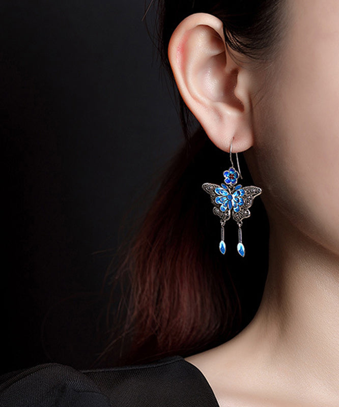 Vintage Boutique Blue Sterling Silver Butterfly Plum Blossom Tassel Drop Earrings QJ026 JEW-EAR241021