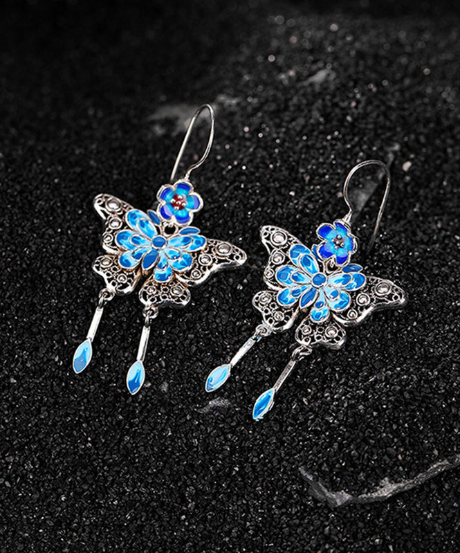 Vintage Boutique Blue Sterling Silver Butterfly Plum Blossom Tassel Drop Earrings QJ026 JEW-EAR241021