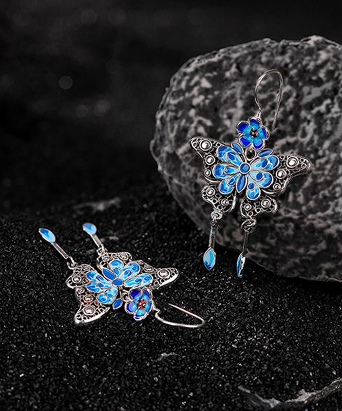 Vintage Boutique Blue Sterling Silver Butterfly Plum Blossom Tassel Drop Earrings QJ026 JEW-EAR241021