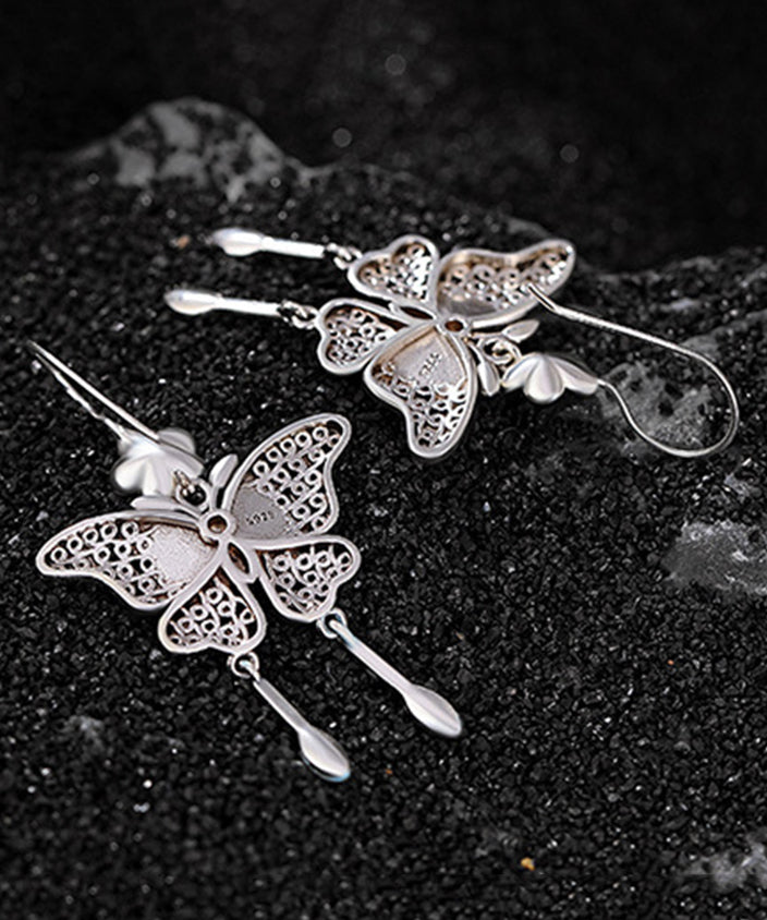 Vintage Boutique Blue Sterling Silver Butterfly Plum Blossom Tassel Drop Earrings QJ026 JEW-EAR241021