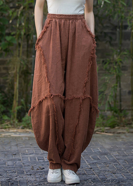 Vintage Brick Red Pockets High Waist Linen Pants Summer QE040 MZF-LPTS240927