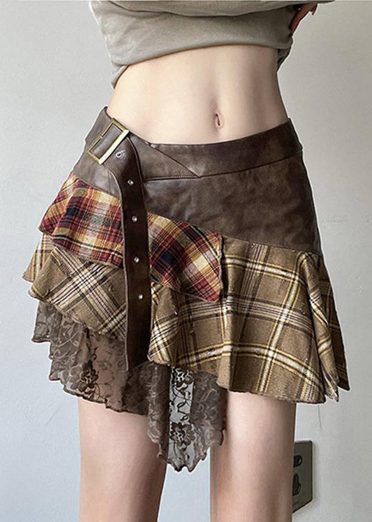 Vintage Patchwork Skirts Lace Faux Asymmetrical Brown Leather FashionChic