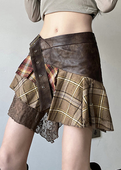 Vintage Patchwork Skirts Lace Faux Asymmetrical Brown Leather FashionChic
