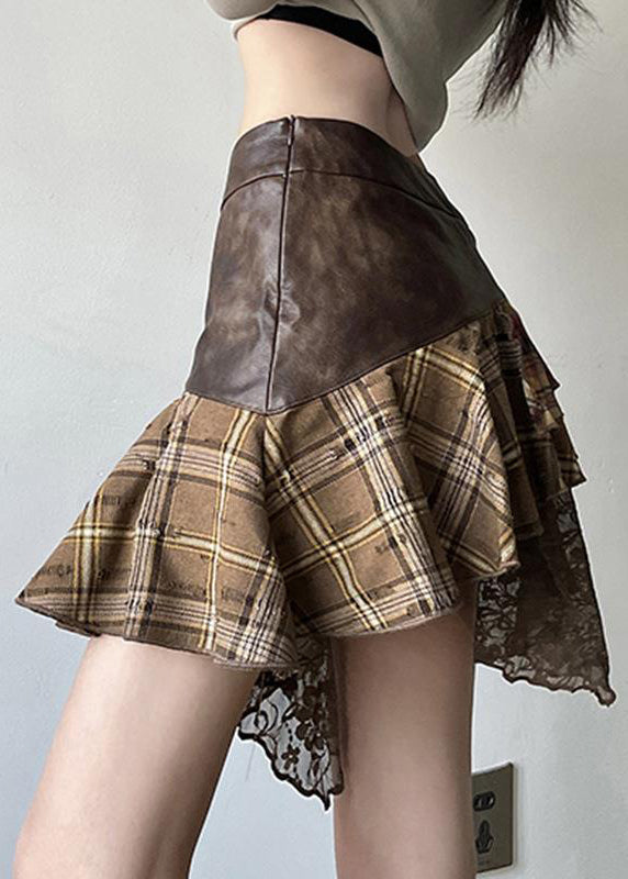 Vintage Patchwork Skirts Lace Faux Asymmetrical Brown Leather FashionChic