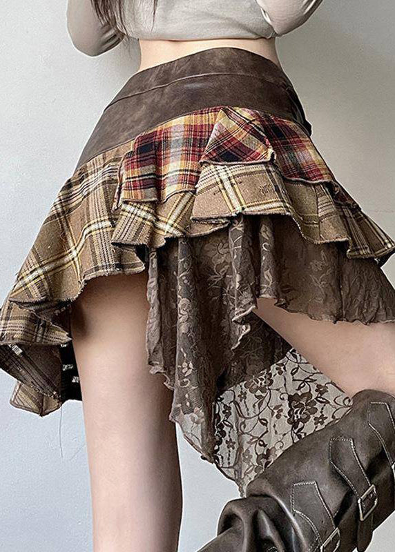 Vintage Patchwork Skirts Lace Faux Asymmetrical Brown Leather FashionChic