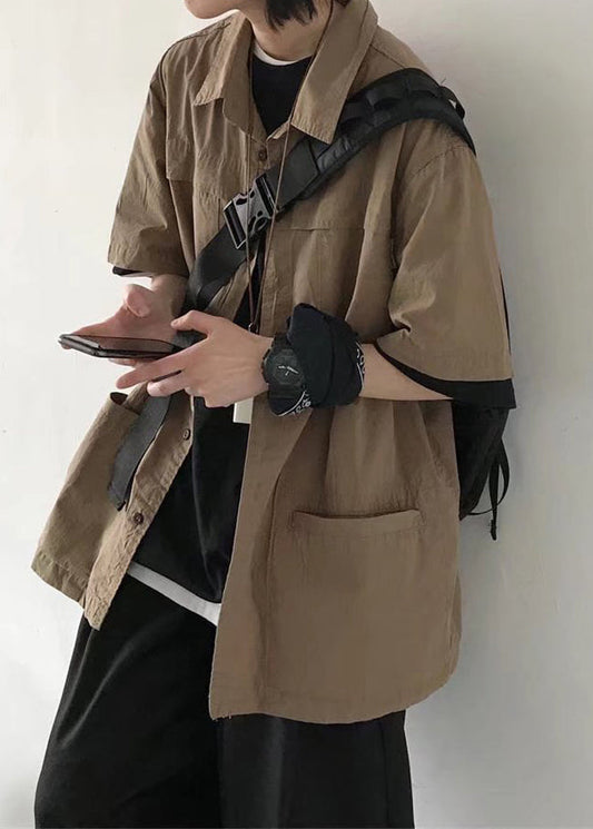 Cotton Mens Brown Button Vintage Summer Solid Pockets Shirt FashionChic