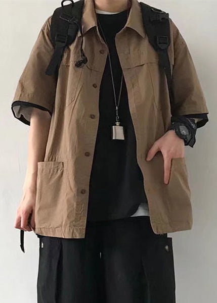 Cotton Mens Brown Button Vintage Summer Solid Pockets Shirt FashionChic