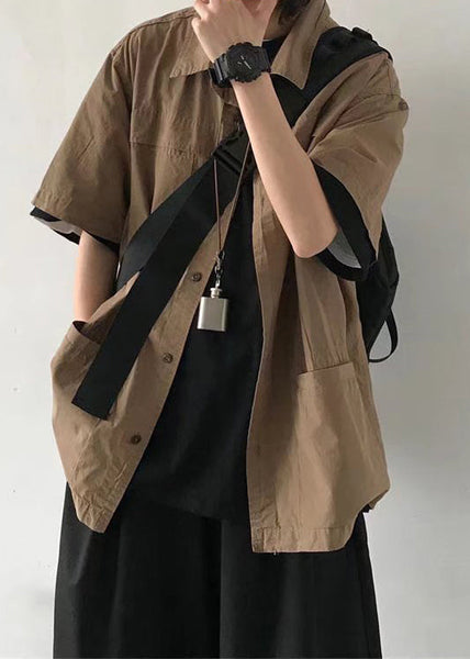 Cotton Mens Brown Button Vintage Summer Solid Pockets Shirt FashionChic