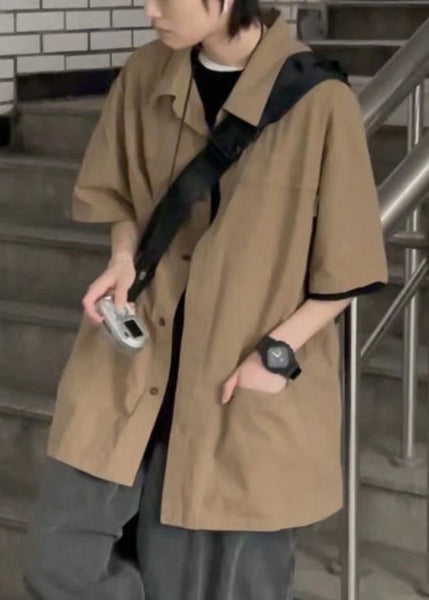 Cotton Mens Brown Button Vintage Summer Solid Pockets Shirt FashionChic