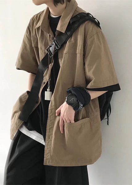 Cotton Mens Brown Button Vintage Summer Solid Pockets Shirt FashionChic