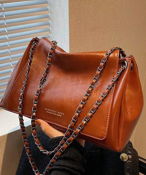 Vintage Brown Chain Linked Faux Leather Tote Handbag UU1069 Bag-BGS240527