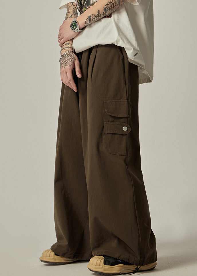 Pockets Drawstring Pants Vintage Brown Wide Leg Mens Cotton FashionChic