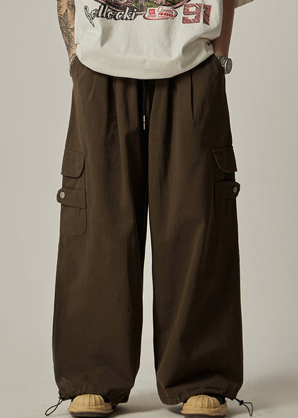 Pockets Drawstring Pants Vintage Brown Wide Leg Mens Cotton FashionChic