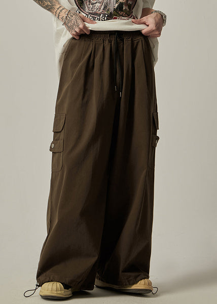 Pockets Drawstring Pants Vintage Brown Wide Leg Mens Cotton FashionChic