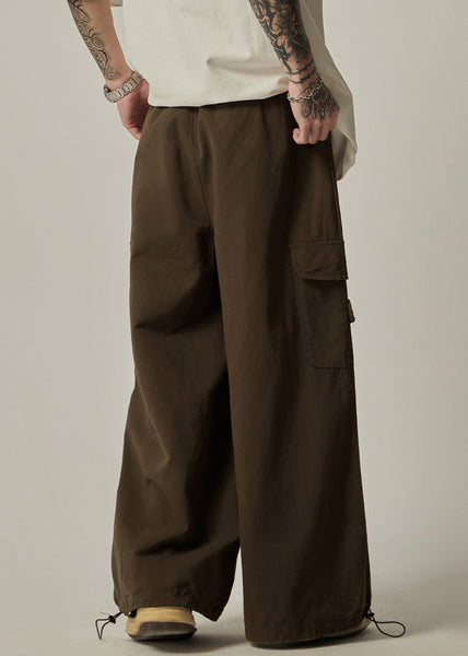 Pockets Drawstring Pants Vintage Brown Wide Leg Mens Cotton FashionChic