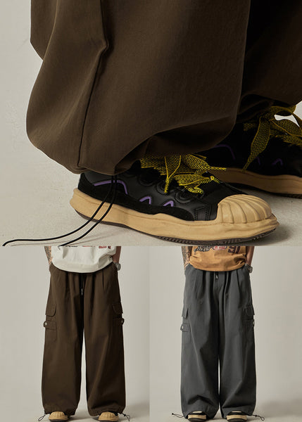 Pockets Drawstring Pants Vintage Brown Wide Leg Mens Cotton FashionChic