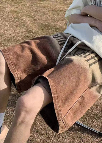 Shorts Vintage Denim Brown Print Pockets Color Gradient Men FashionChic