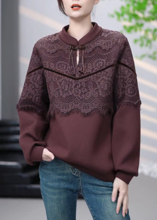 Vintage Brown Lace Patchwork Cotton Sweatshirt Winter RL001 ABC