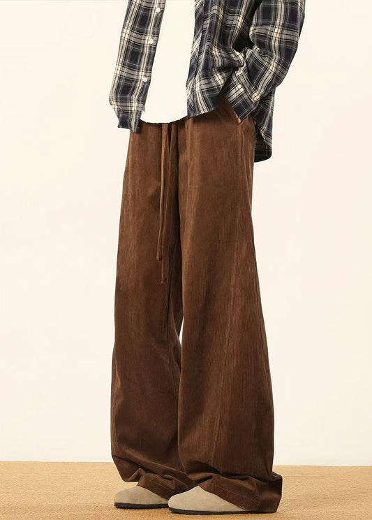 Vintage Brown Lace Up Solid Corduroy Pants Men Spring RM062 ABC