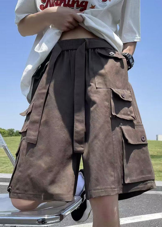 Cotton Shorts Waist Summer Vintage Pockets Brown Mens Elastic FashionChic