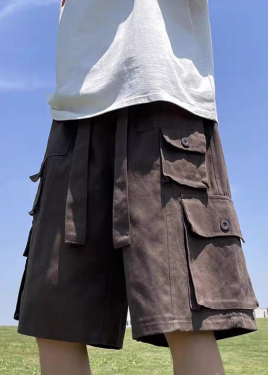 Cotton Shorts Waist Summer Vintage Pockets Brown Mens Elastic FashionChic