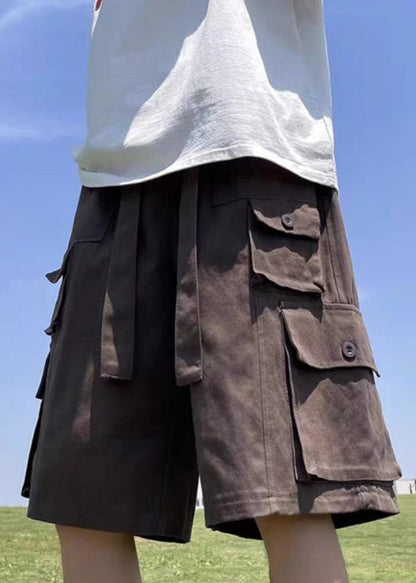 Cotton Shorts Waist Summer Vintage Pockets Brown Mens Elastic FashionChic