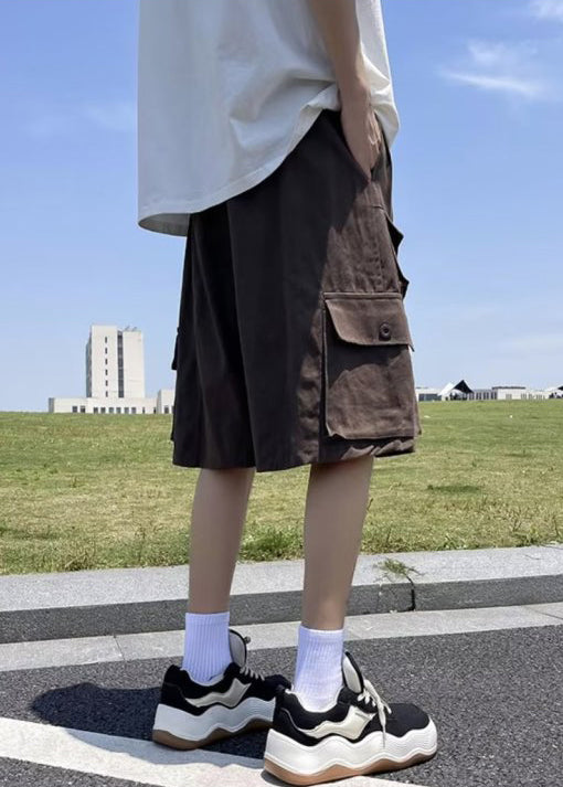 Cotton Shorts Waist Summer Vintage Pockets Brown Mens Elastic FashionChic