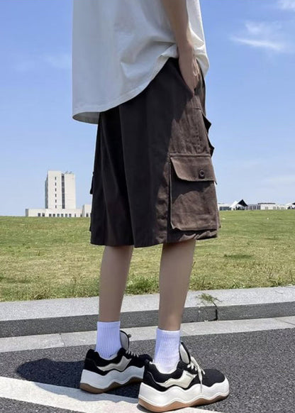 Cotton Shorts Waist Summer Vintage Pockets Brown Mens Elastic FashionChic