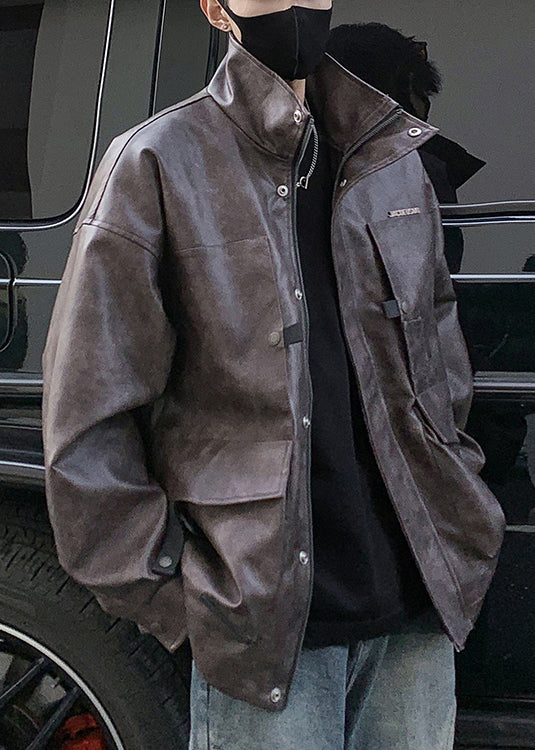 Vintage Brown Zip Up Pockets Faux Leather Men Coat Spring RN016 ABC