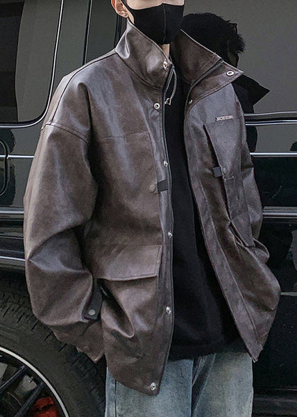 Vintage Brown Zip Up Pockets Faux Leather Men Coat Spring RN016 ABC