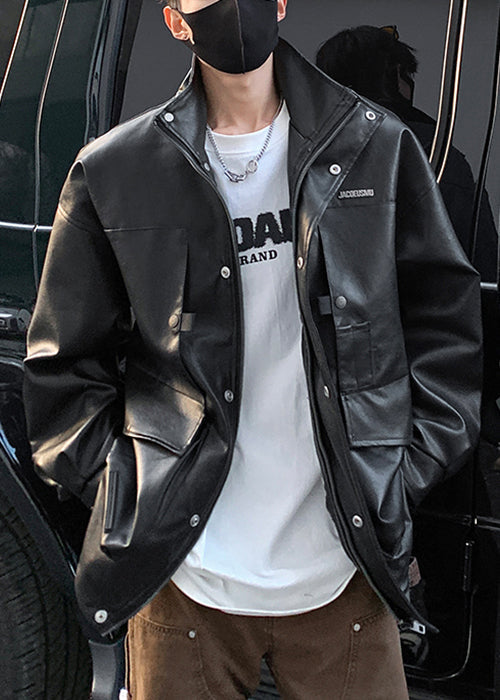 Vintage Brown Zip Up Pockets Faux Leather Men Coat Spring RN016 ABC