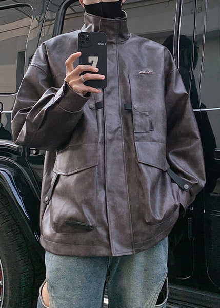 Vintage Brown Zip Up Pockets Faux Leather Men Coat Spring RN016 ABC