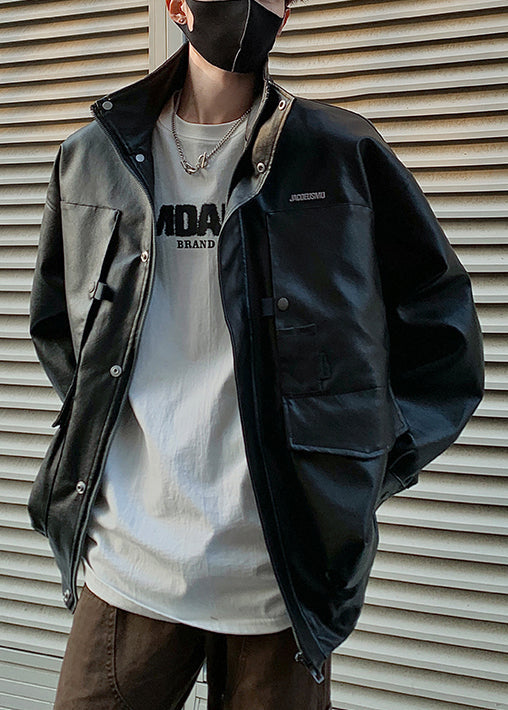 Vintage Brown Zip Up Pockets Faux Leather Men Coat Spring RN016 ABC