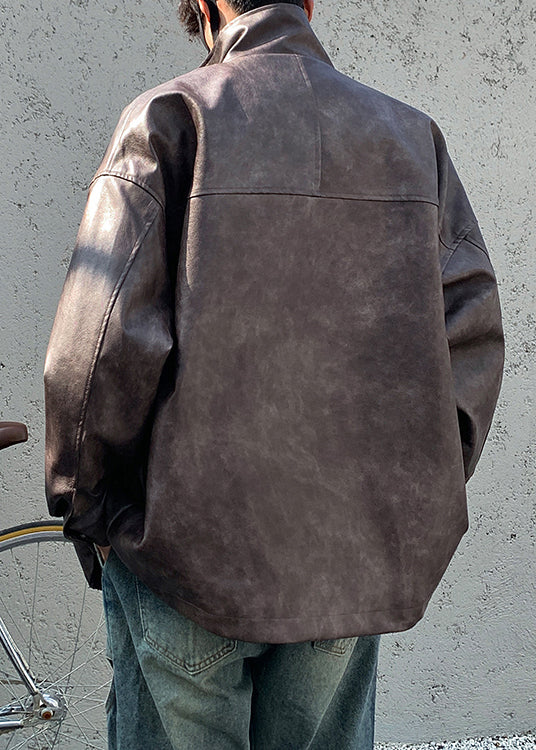Vintage Brown Zip Up Pockets Faux Leather Men Coat Spring RN016 ABC