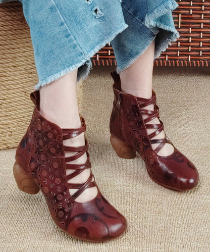 Vintage Brown Zippered Hollow Out Cowhide Leather Chunky Boots RT1060 Ada Fashion