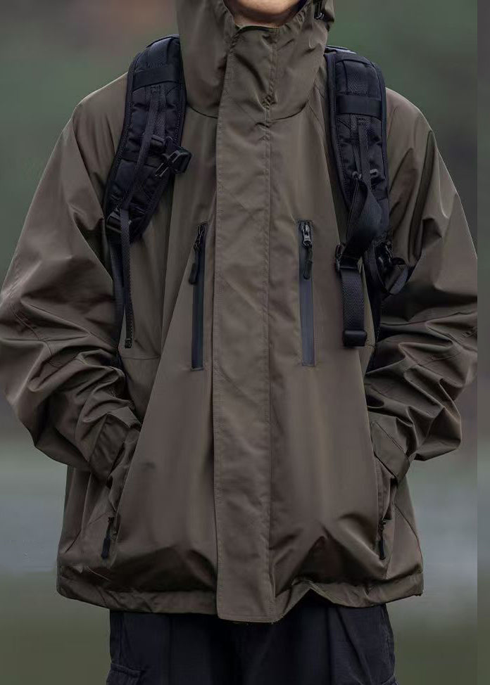 Zippered Mens Brown Spring Oversized Pockets Cotton Coats Vintage FashionChic