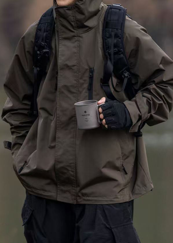 Zippered Mens Brown Spring Oversized Pockets Cotton Coats Vintage FashionChic