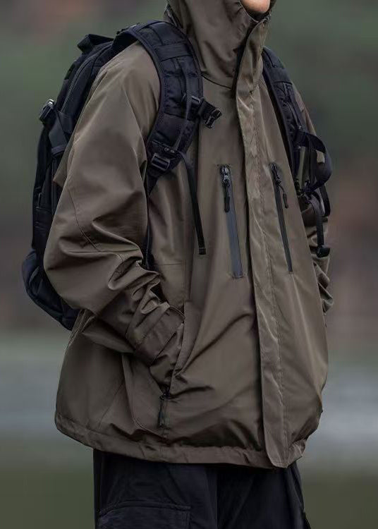Zippered Mens Brown Spring Oversized Pockets Cotton Coats Vintage FashionChic